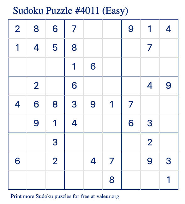 Free Printable Easy Sudoku Puzzle number 4011