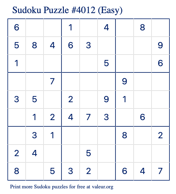 Free Printable Easy Sudoku Puzzle number 4012