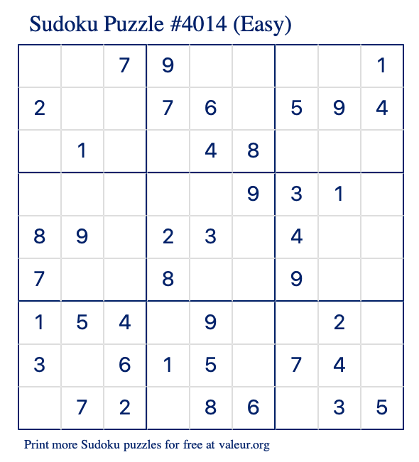 Free Printable Easy Sudoku Puzzle number 4014