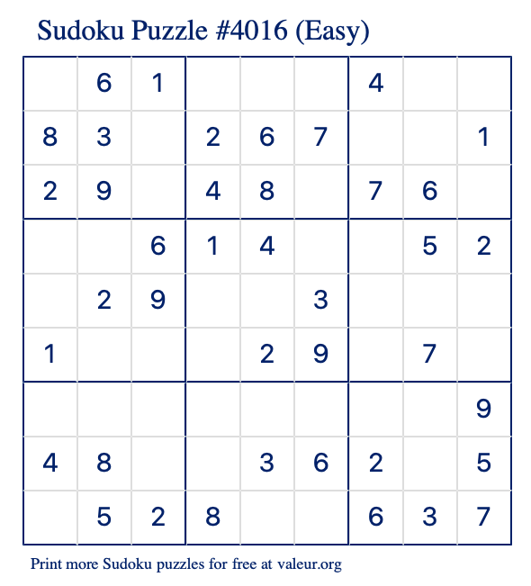 Free Printable Easy Sudoku Puzzle number 4016