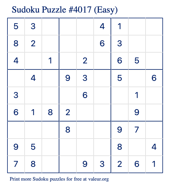 Free Printable Easy Sudoku Puzzle number 4017