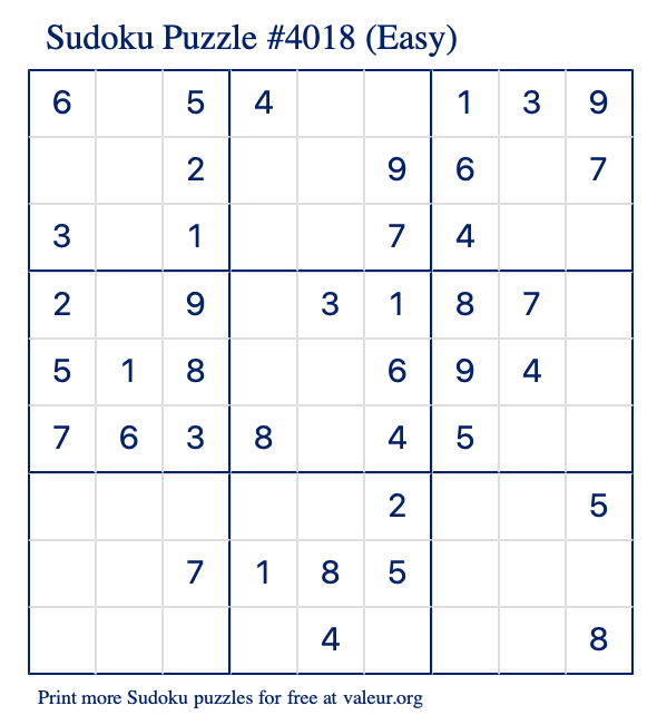 Free Printable Easy Sudoku Puzzle number 4018