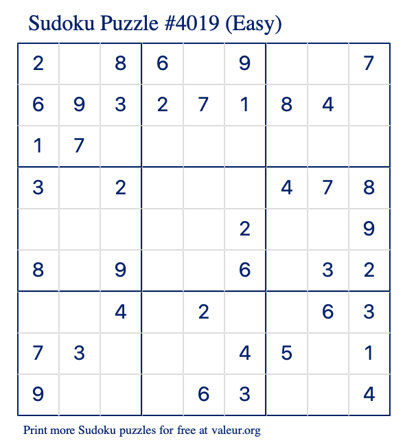 Free Printable Easy Sudoku Puzzle number 4019