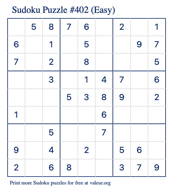 Free Printable Easy Sudoku Puzzle number 402
