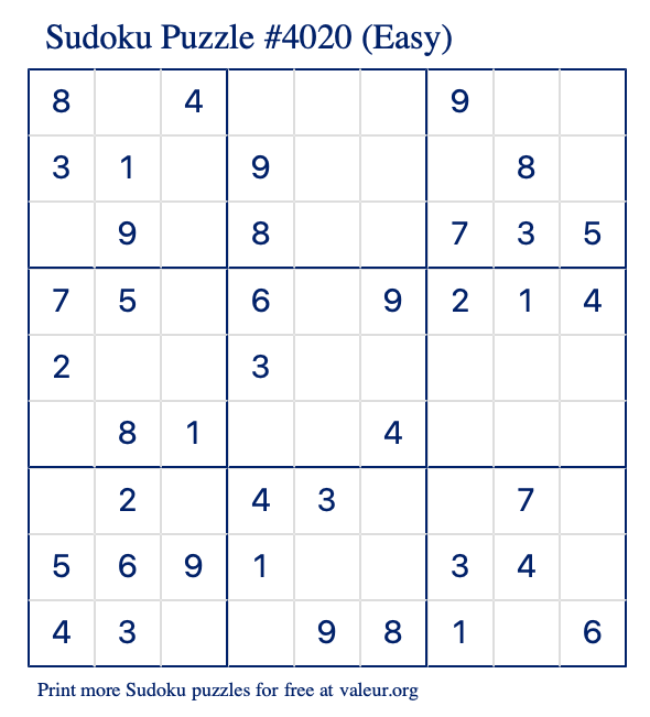 Free Printable Easy Sudoku Puzzle number 4020