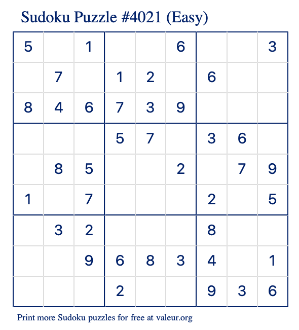 Free Printable Easy Sudoku Puzzle number 4021