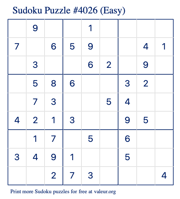 Free Printable Easy Sudoku Puzzle number 4026