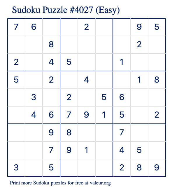 Free Printable Easy Sudoku Puzzle number 4027