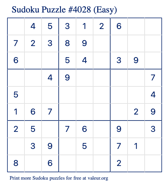 Free Printable Easy Sudoku Puzzle number 4028