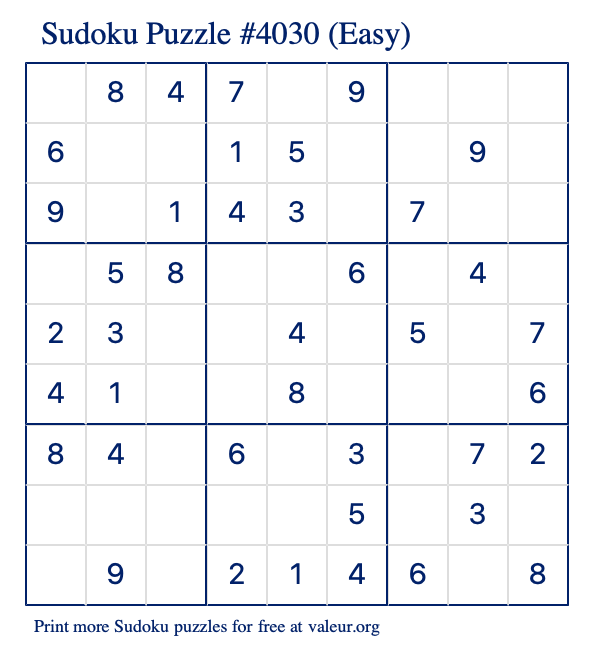 Free Printable Easy Sudoku Puzzle number 4030