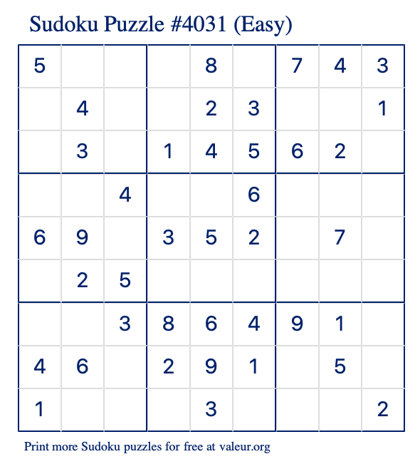 Free Printable Easy Sudoku Puzzle number 4031