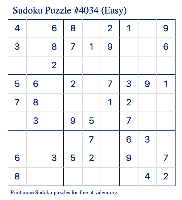 Free Printable Easy Sudoku Puzzle number 4034