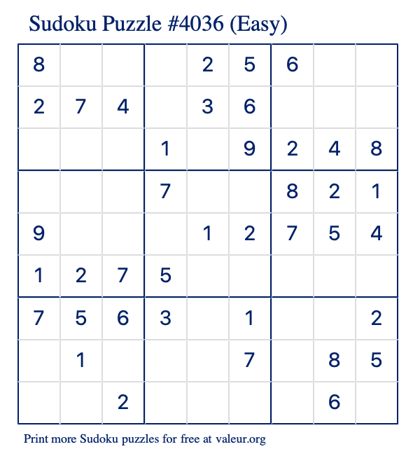 Free Printable Easy Sudoku Puzzle number 4036