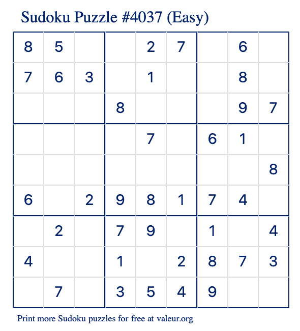 Free Printable Easy Sudoku Puzzle number 4037