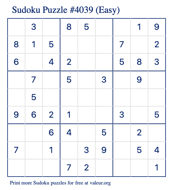 Free Printable Easy Sudoku Puzzle number 4039