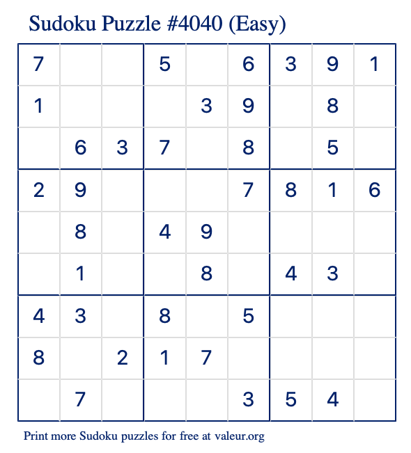 Free Printable Easy Sudoku Puzzle number 4040
