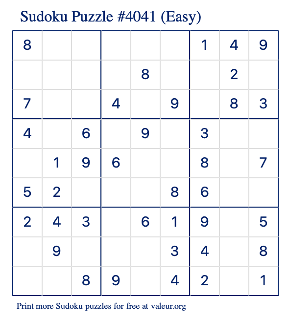 Free Printable Easy Sudoku Puzzle number 4041