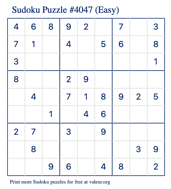 Free Printable Easy Sudoku Puzzle number 4047