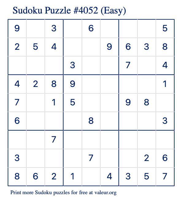 Free Printable Easy Sudoku Puzzle number 4052