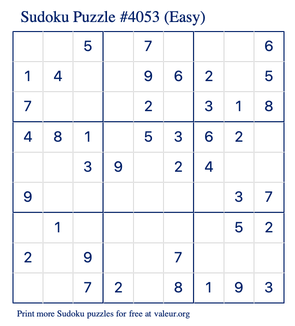 Free Printable Easy Sudoku Puzzle number 4053