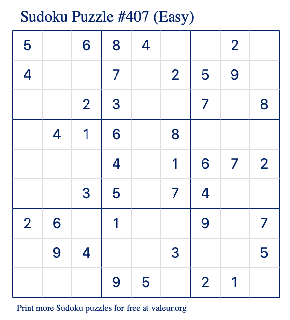 Free Printable Easy Sudoku Puzzle number 407