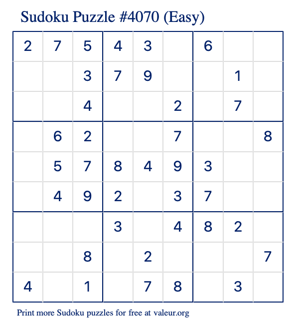 Free Printable Easy Sudoku Puzzle number 4070
