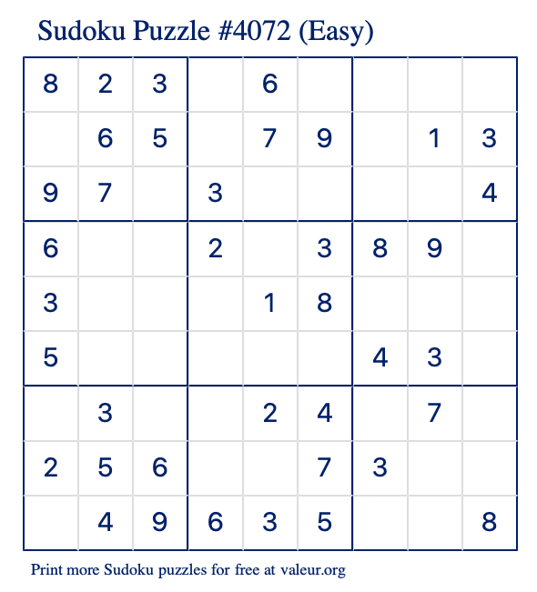 Free Printable Easy Sudoku Puzzle number 4072