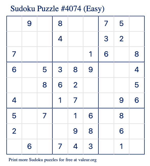 Free Printable Easy Sudoku Puzzle number 4074