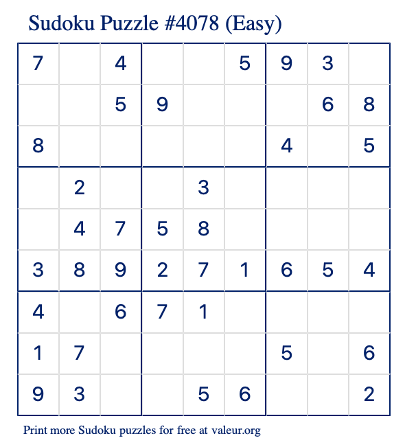Free Printable Easy Sudoku Puzzle number 4078