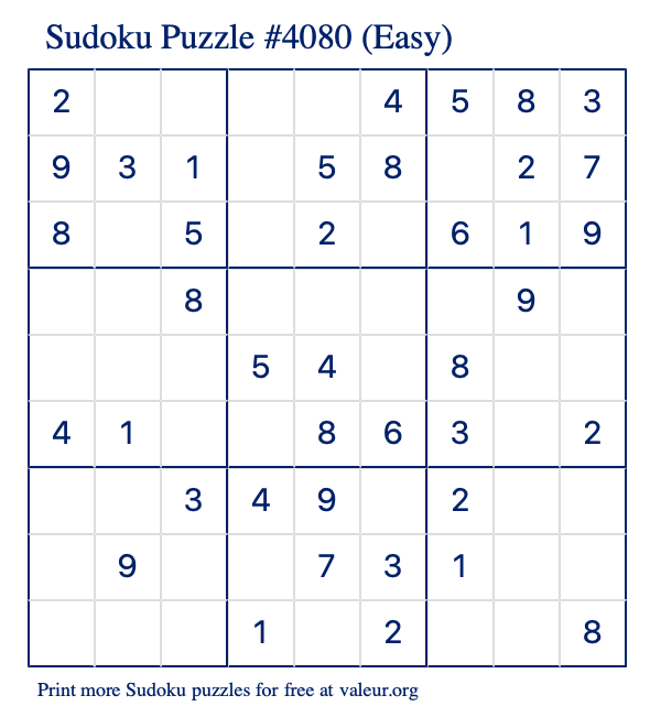 Free Printable Easy Sudoku Puzzle number 4080