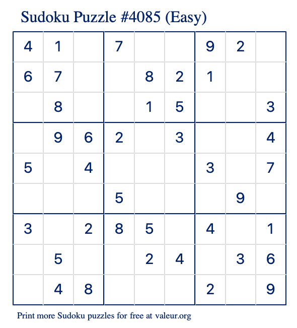Free Printable Easy Sudoku Puzzle number 4085