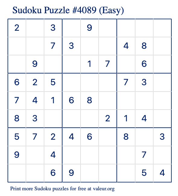 Free Printable Easy Sudoku Puzzle number 4089