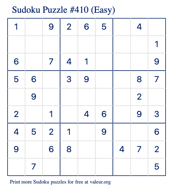 Free Printable Easy Sudoku Puzzle number 410