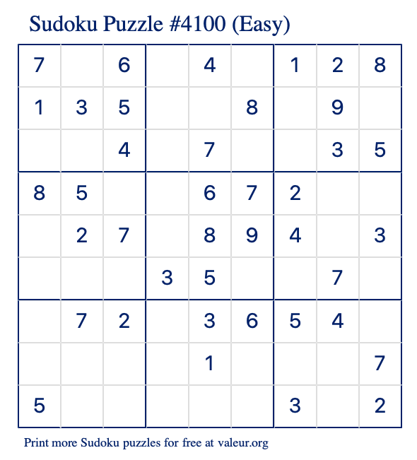 Free Printable Easy Sudoku Puzzle number 4100