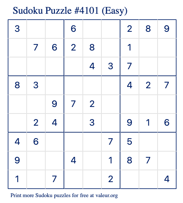Free Printable Easy Sudoku Puzzle number 4101