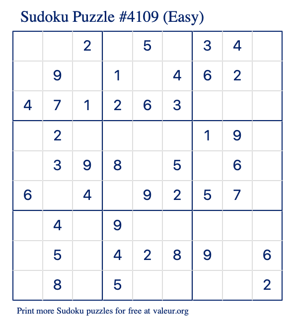 Free Printable Easy Sudoku Puzzle number 4109