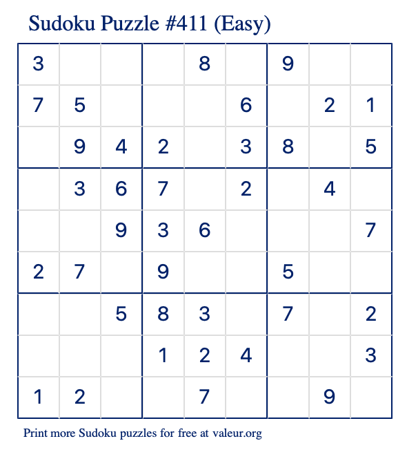 Free Printable Easy Sudoku Puzzle number 411