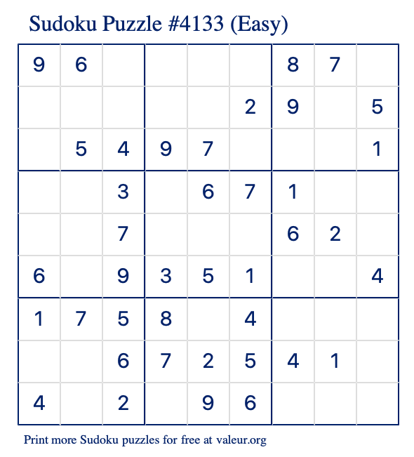 Free Printable Easy Sudoku Puzzle number 4133