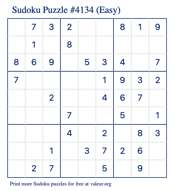 Free Printable Easy Sudoku Puzzle number 4134