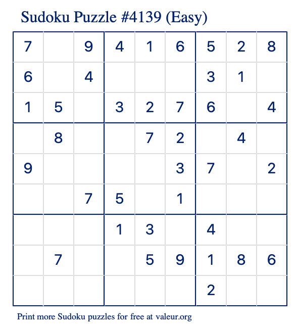 Free Printable Easy Sudoku Puzzle number 4139