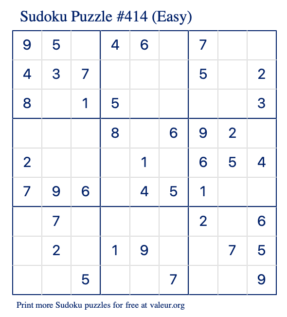 Free Printable Easy Sudoku Puzzle number 414