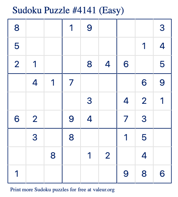 Free Printable Easy Sudoku Puzzle number 4141