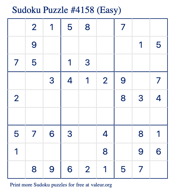 Free Printable Easy Sudoku Puzzle number 4158