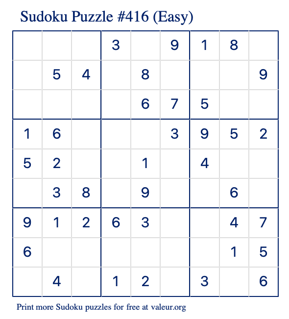 Free Printable Easy Sudoku Puzzle number 416