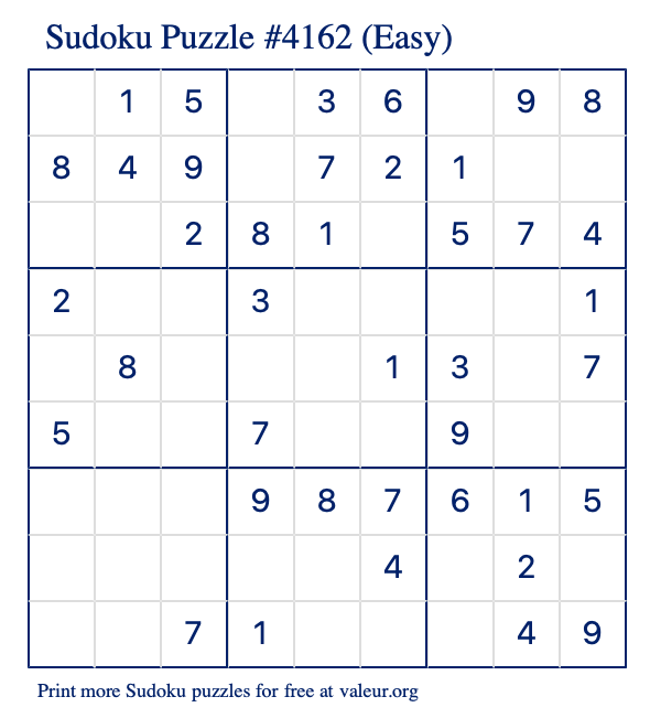 Free Printable Easy Sudoku Puzzle number 4162