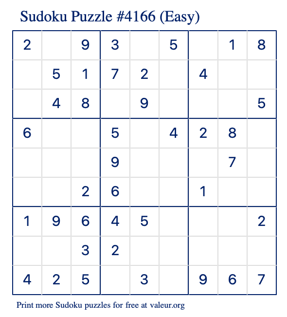 Free Printable Easy Sudoku Puzzle number 4166