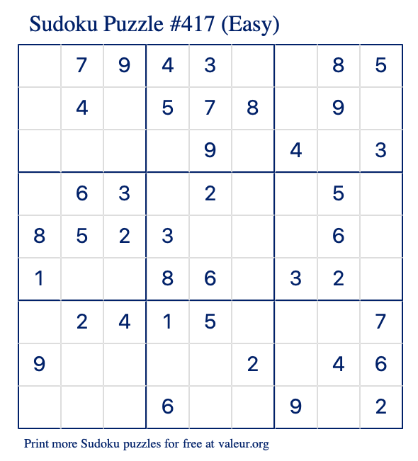 Free Printable Easy Sudoku Puzzle number 417