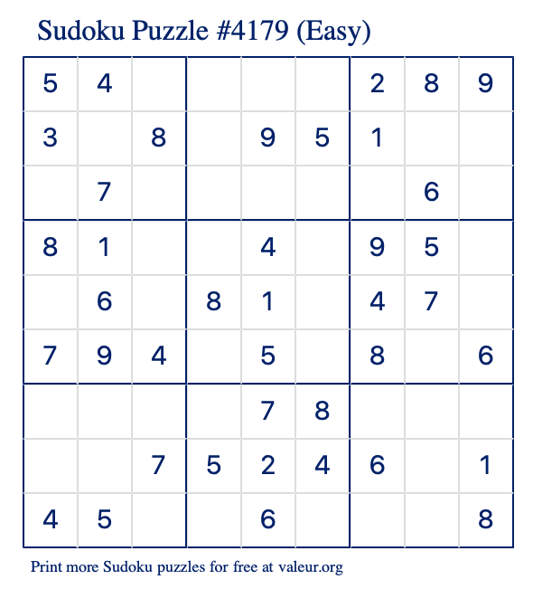 Free Printable Easy Sudoku Puzzle number 4179
