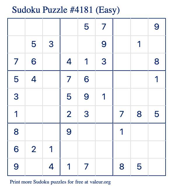 Free Printable Easy Sudoku Puzzle number 4181