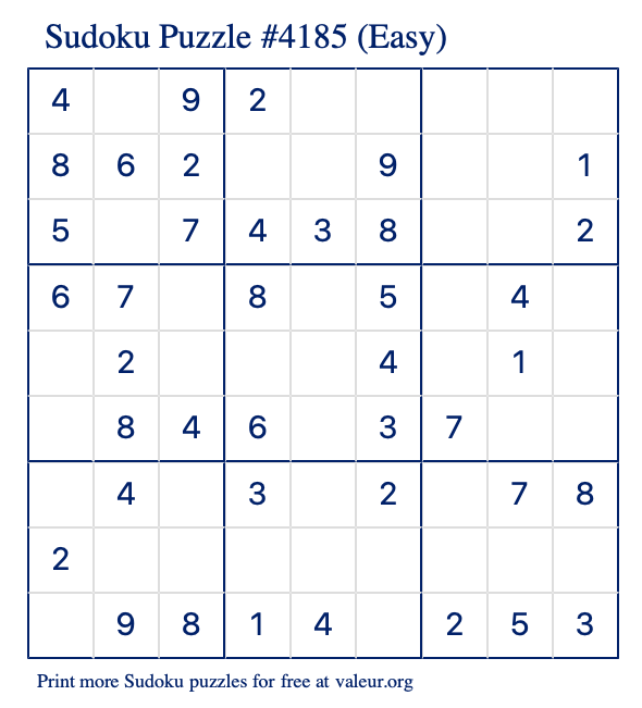 Free Printable Easy Sudoku Puzzle number 4185